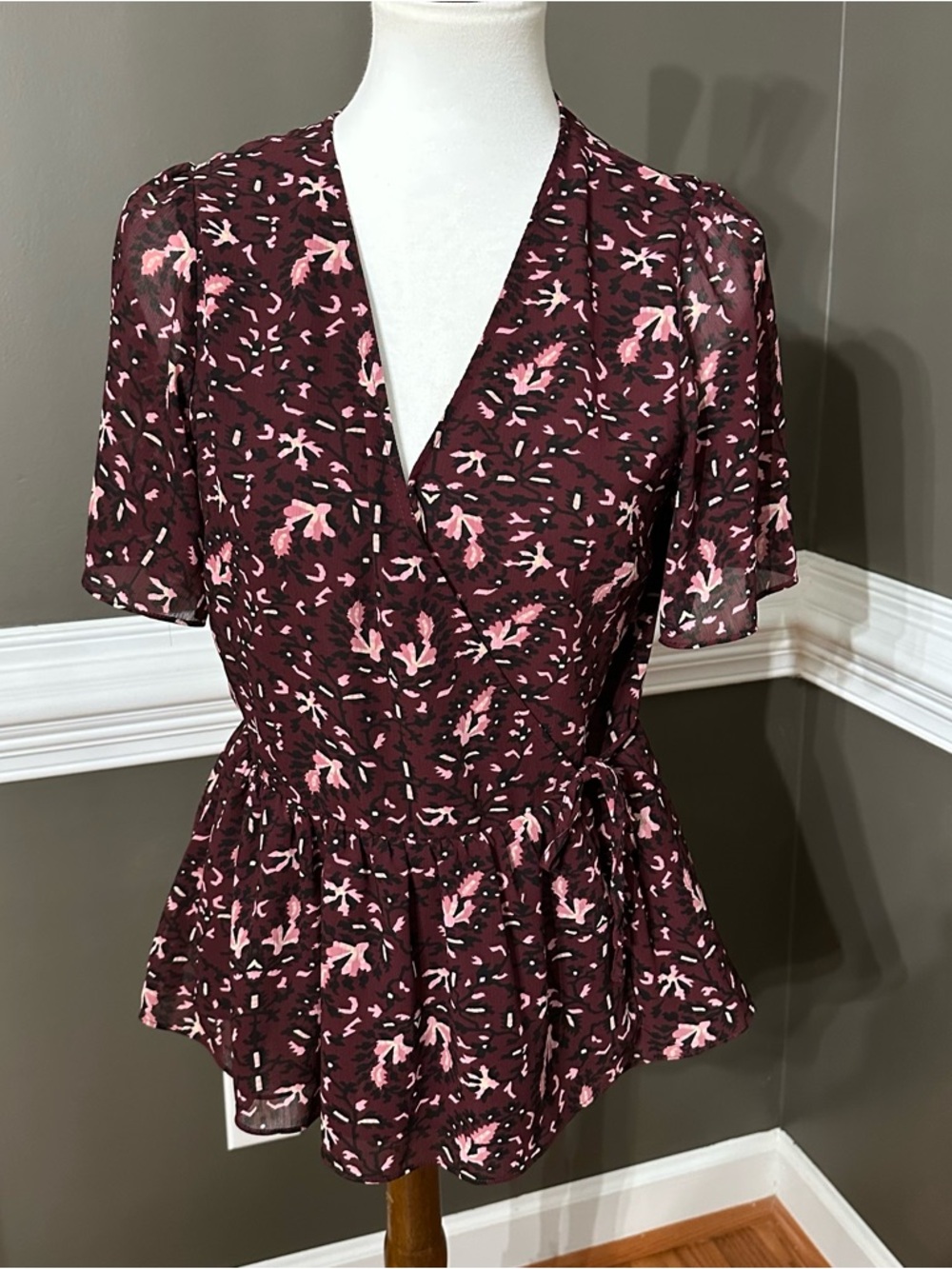 Madewell Burgundy and Pink Floral Wrap-Style Peplum Blouse